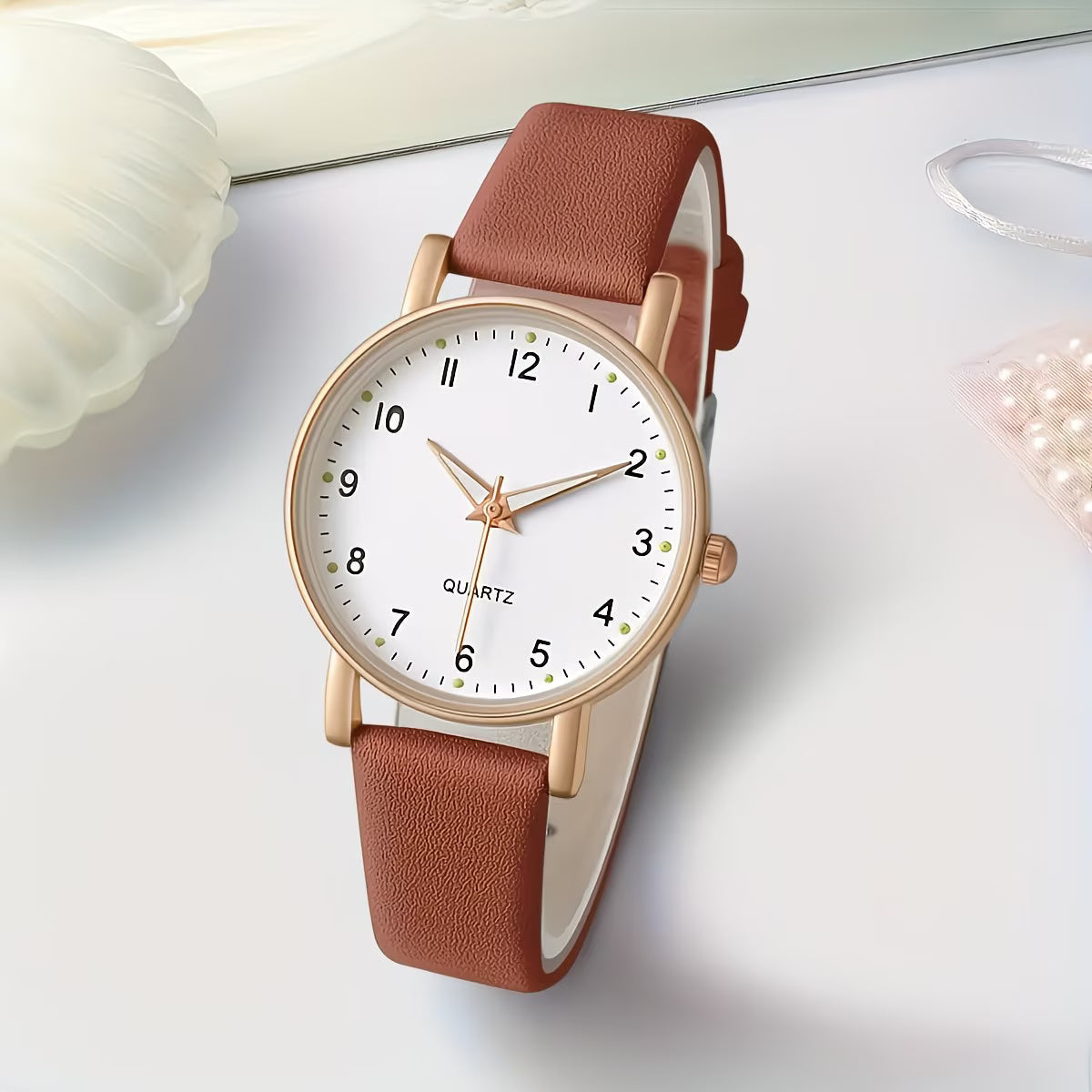 Soft PU Leather Strap with Clear Minimalist Dial Gold-Tone Watch.