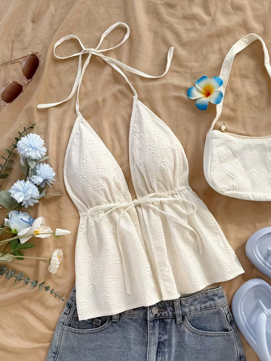 Solid Color Floral Texture Cute Tops
