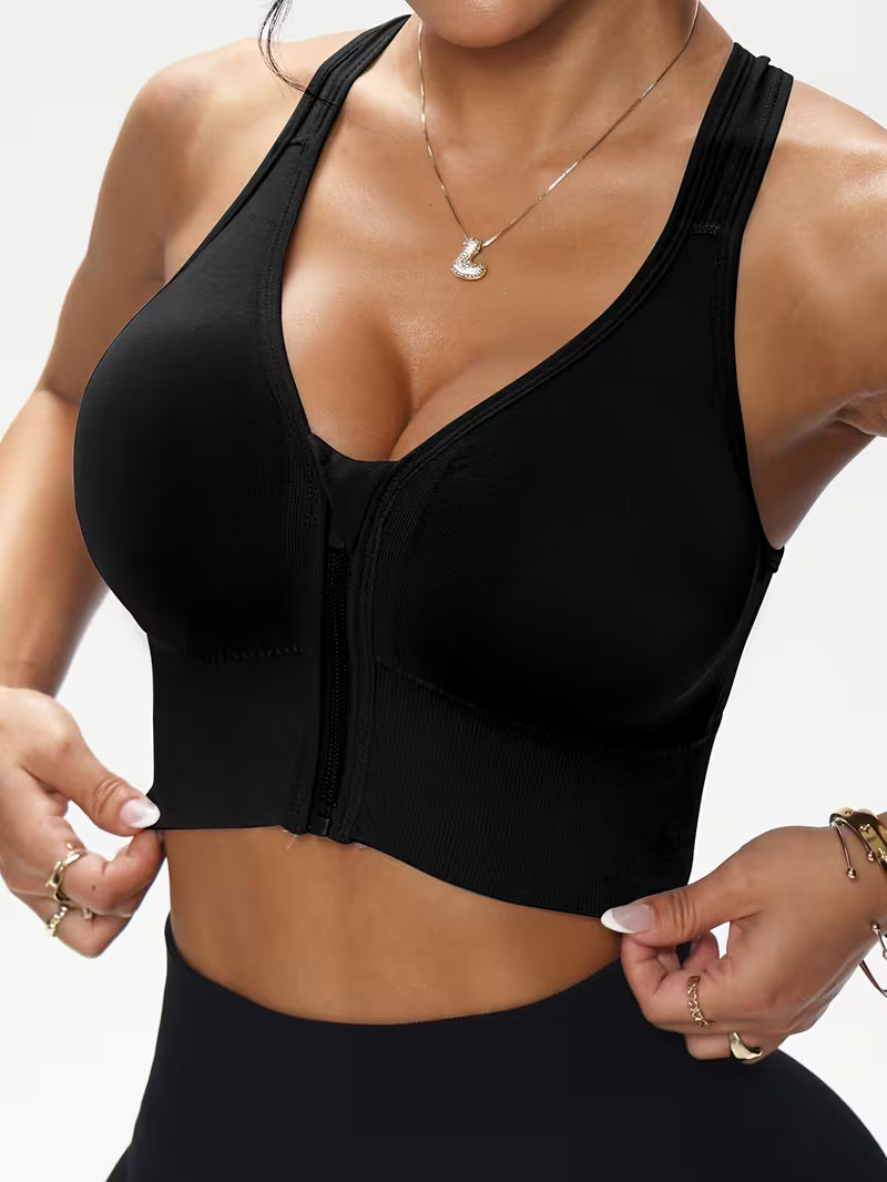 Solid Color Front Zipper Bra with X-Shaped Wide Shoulder Straps.