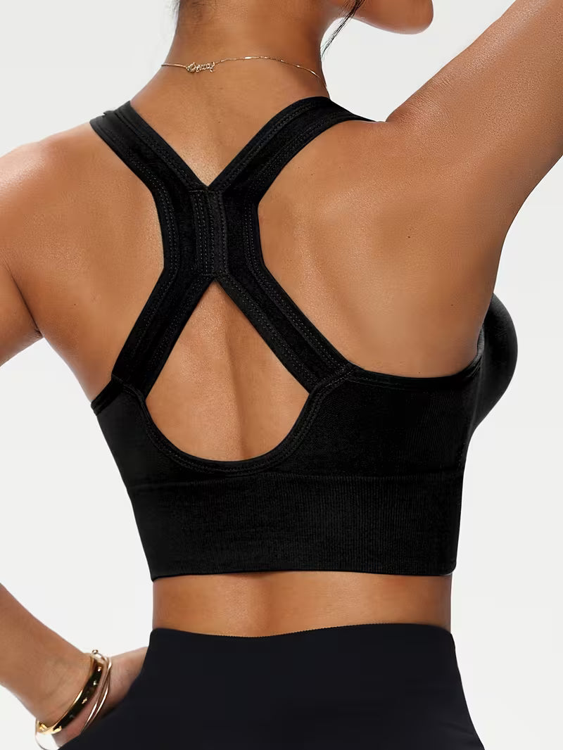 Solid Color Front Zipper Bra with X-Shaped Wide Shoulder Straps.