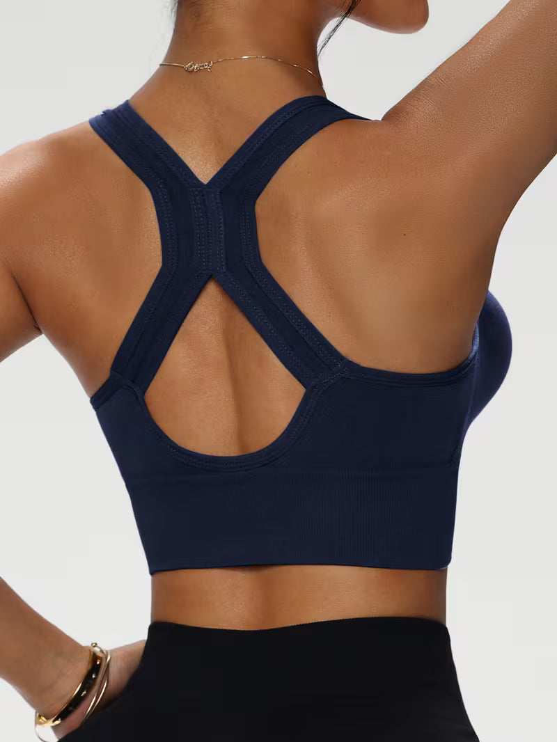 Solid Color Front Zipper Bra with X-Shaped Wide Shoulder Straps.