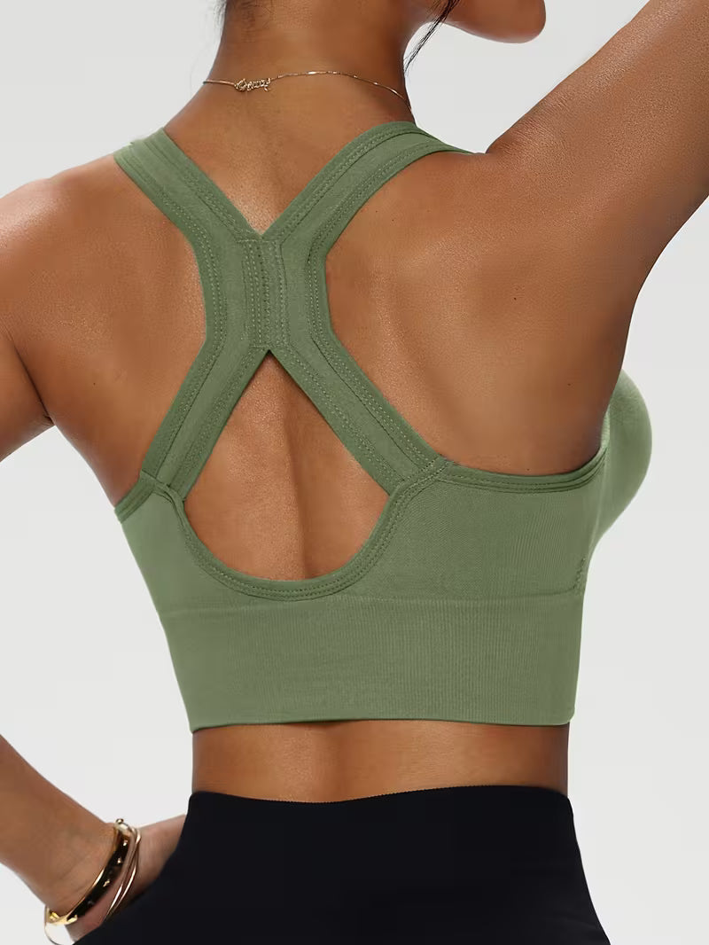Solid Color Front Zipper Bra with X-Shaped Wide Shoulder Straps.