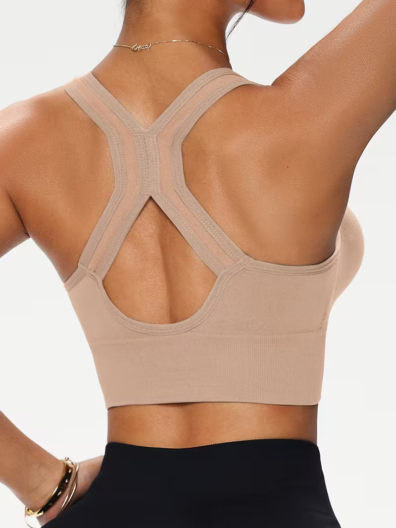 Solid Color Front Zipper Bra with X-Shaped Wide Shoulder Straps.