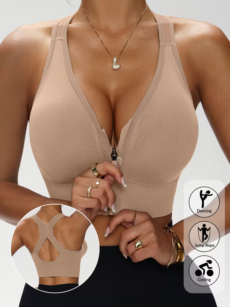 Solid Color Front Zipper Bra with X-Shaped Wide Shoulder Straps.
