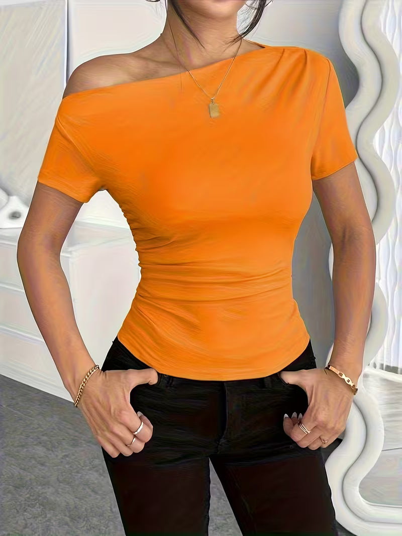 Solid Color Off-Shoulder Slim Fit T-Shirt.