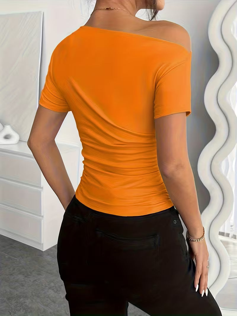 Solid Color Off-Shoulder Slim Fit T-Shirt.