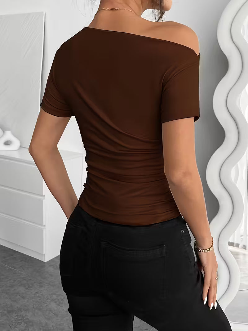 Solid Color Off-Shoulder Slim Fit T-Shirt.
