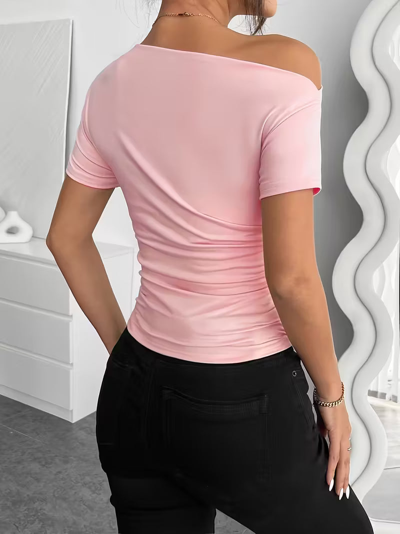 Solid Color Off-Shoulder Slim Fit T-Shirt.