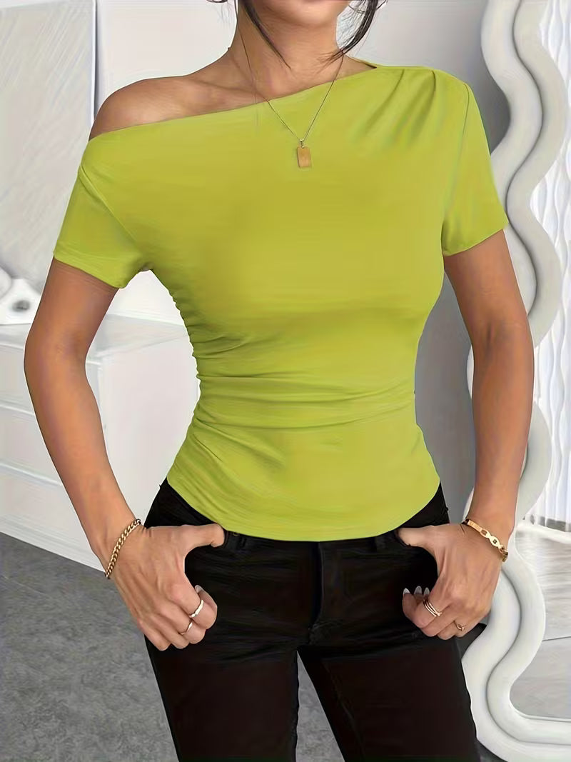 Solid Color Off-Shoulder Slim Fit T-Shirt.