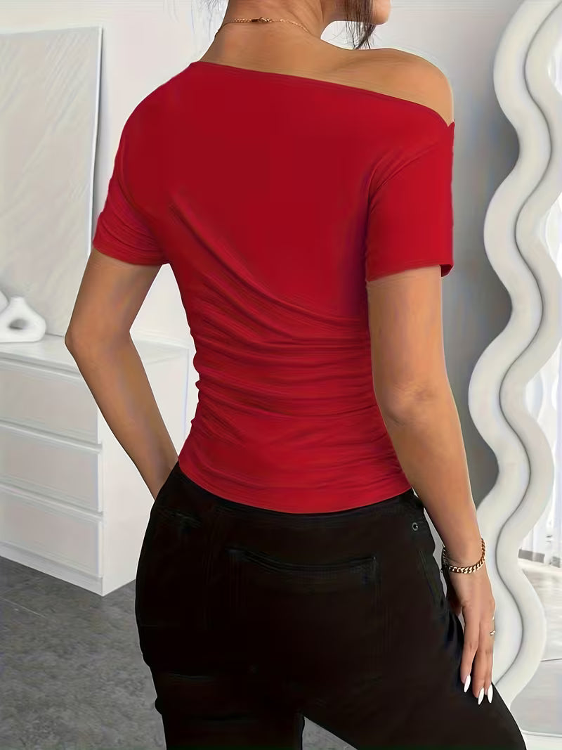 Solid Color Off-Shoulder Slim Fit T-Shirt.