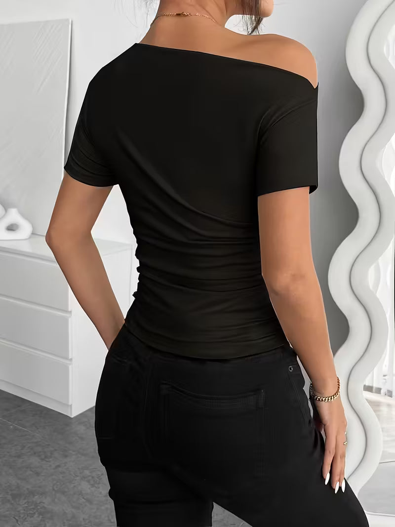 Solid Color Off-Shoulder Slim Fit T-Shirt.