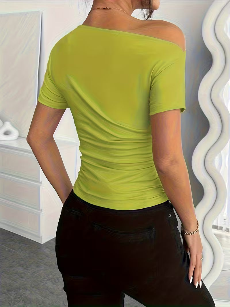 Solid Color Off-Shoulder Slim Fit T-Shirt.