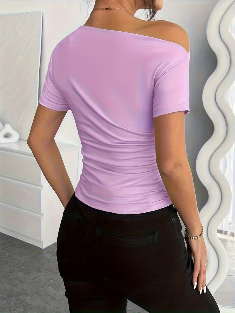 Solid Color Off-Shoulder Slim Fit T-Shirt.