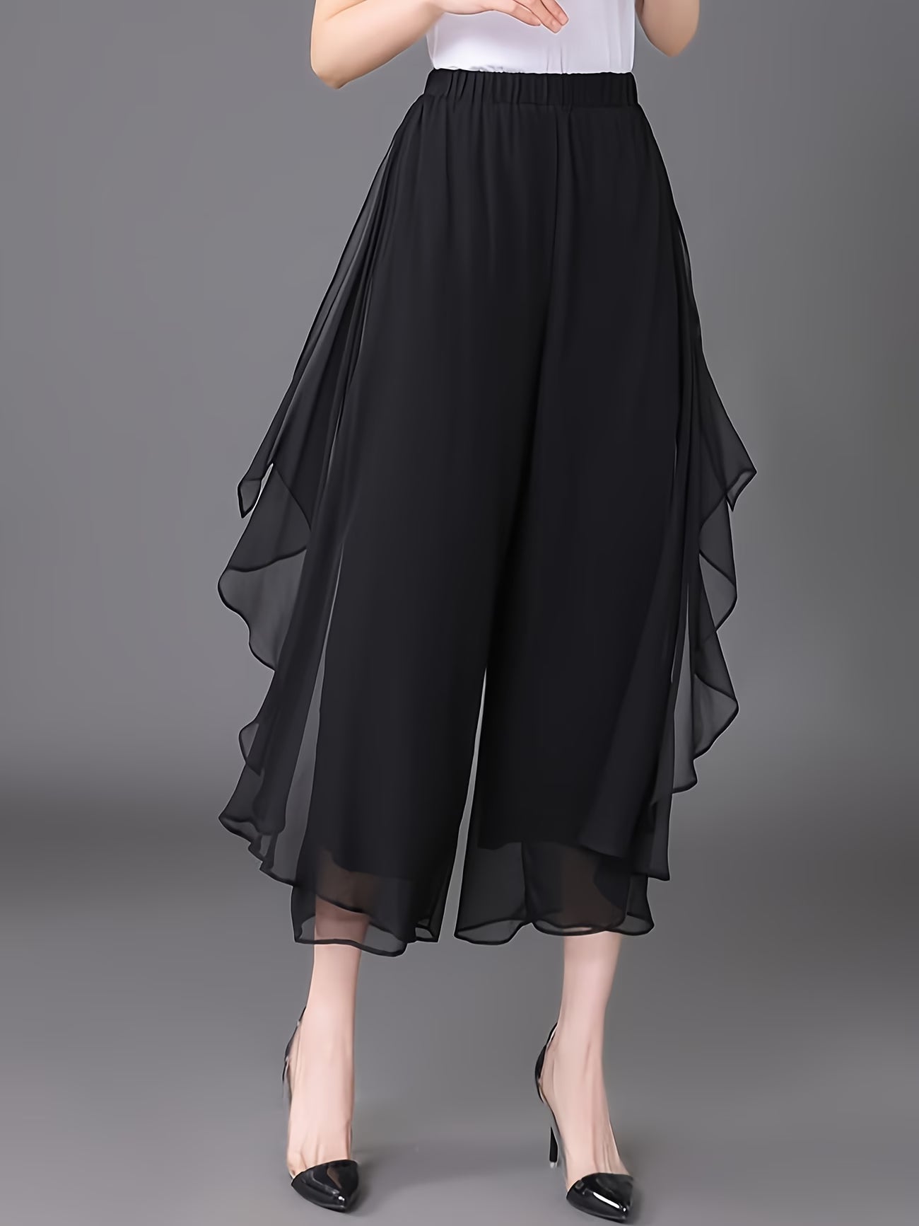 Solid color Wide-Leg Chiffon Pants.