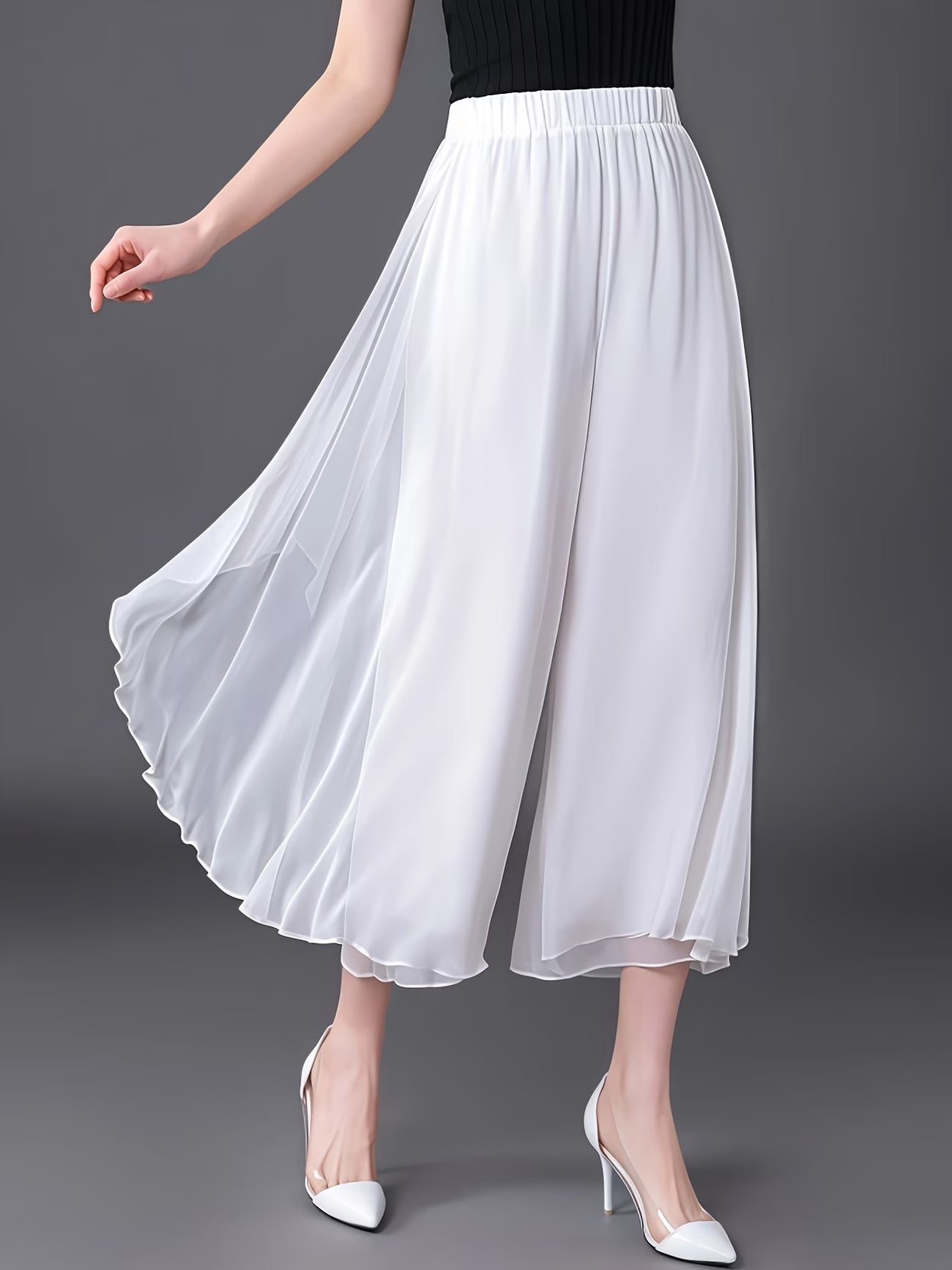 Solid color Wide-Leg Chiffon Pants.