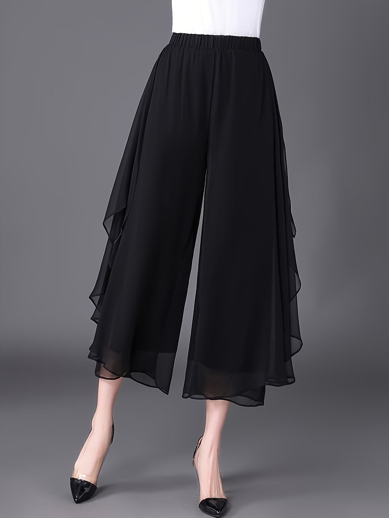 Solid color Wide-Leg Chiffon Pants.