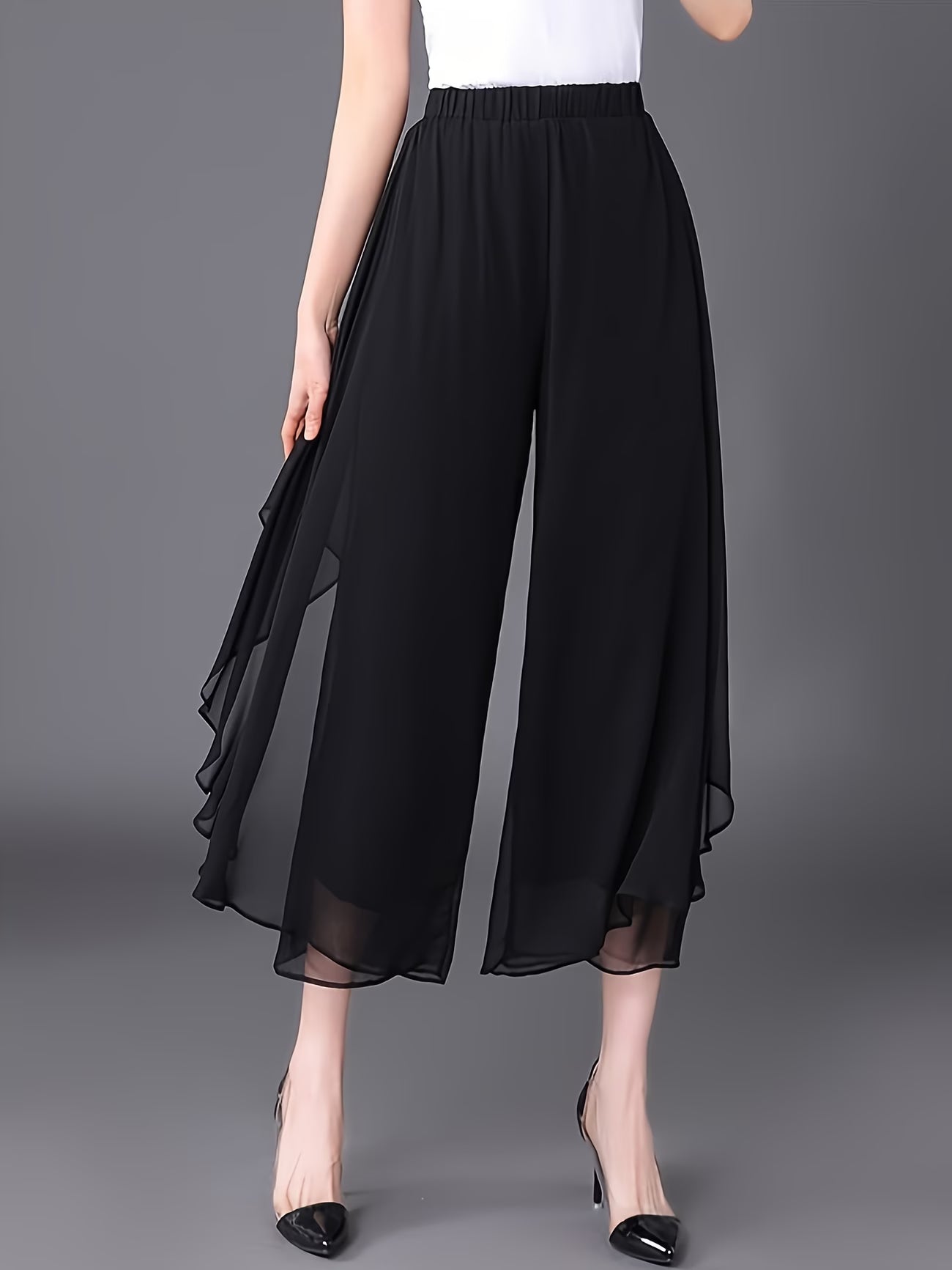 Solid color Wide-Leg Chiffon Pants.