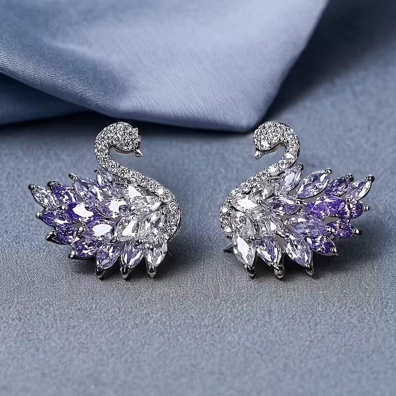 Sparkling Crystal Pair of Elegant Swan Dangle Earrings.