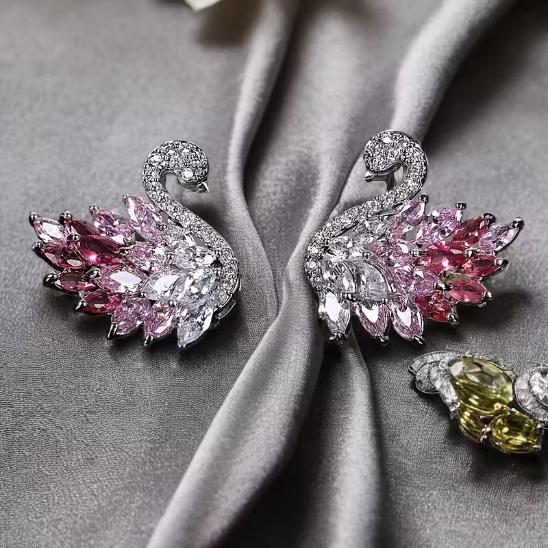Sparkling Crystal Pair of Elegant Swan Dangle Earrings.