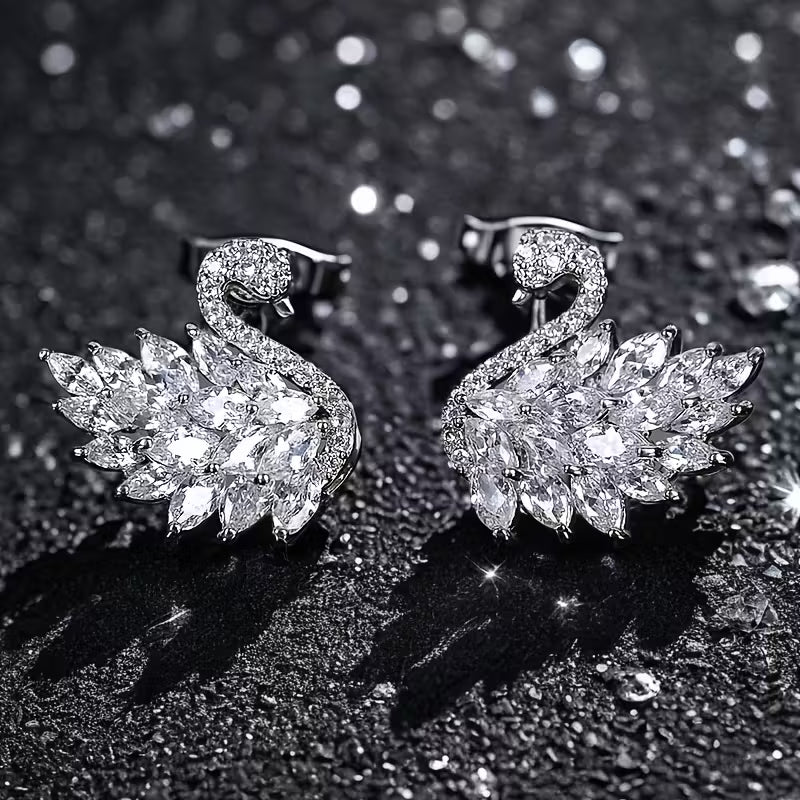 Sparkling Crystal Pair of Elegant Swan Dangle Earrings.