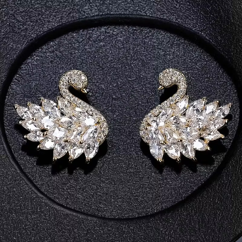 Sparkling Crystal Pair of Elegant Swan Dangle Earrings.