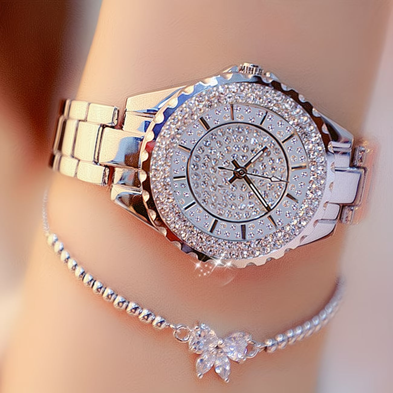 Sparkling Rhinestone Quartz  Elegant Bow Bracelet Duo Watch.