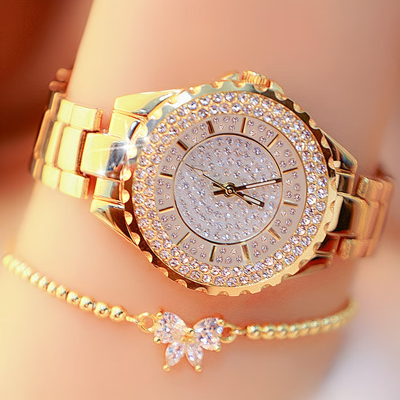 Sparkling Rhinestone Quartz  Elegant Bow Bracelet Duo Watch.