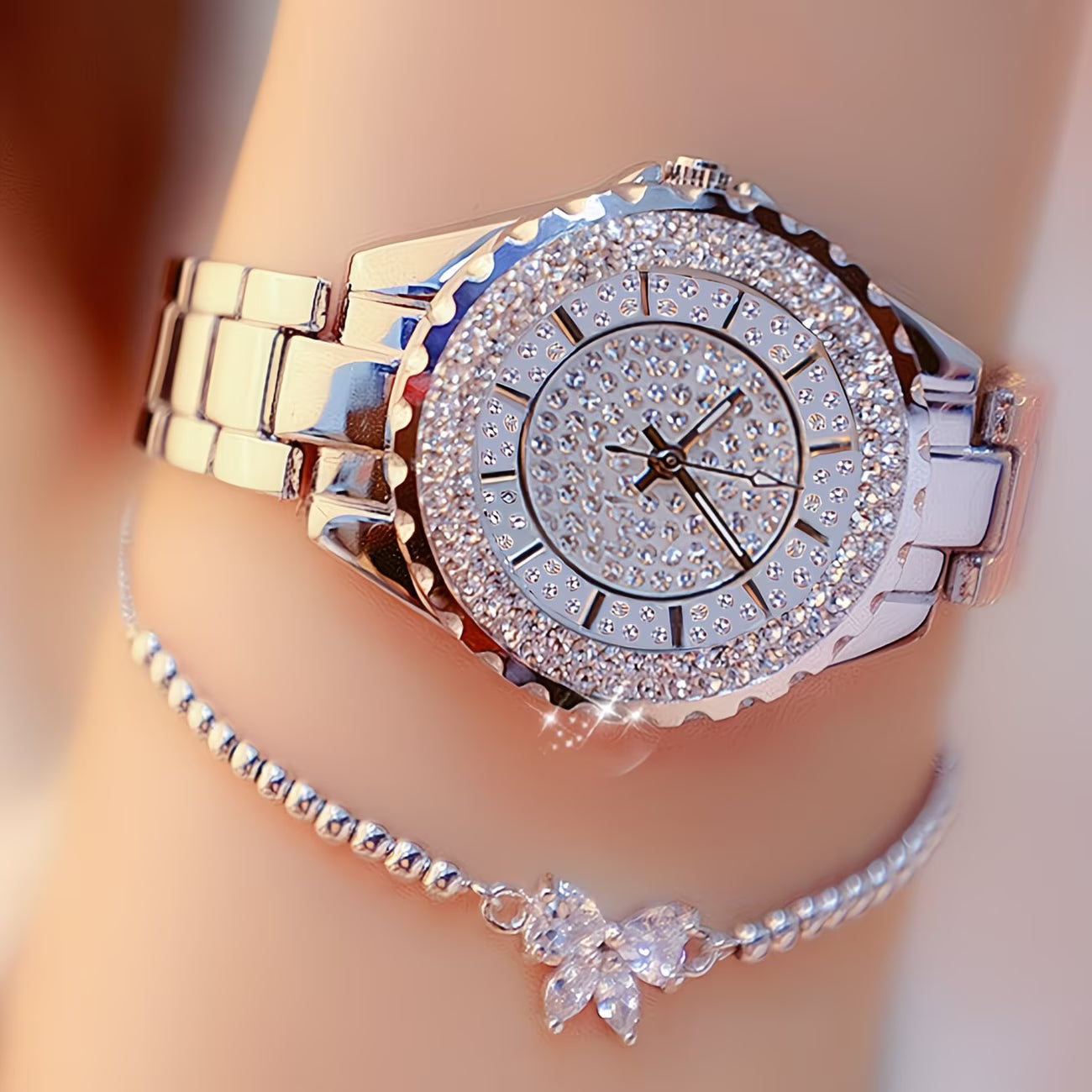 Sparkling Rhinestone Quartz  Elegant Bow Bracelet Duo Watch.