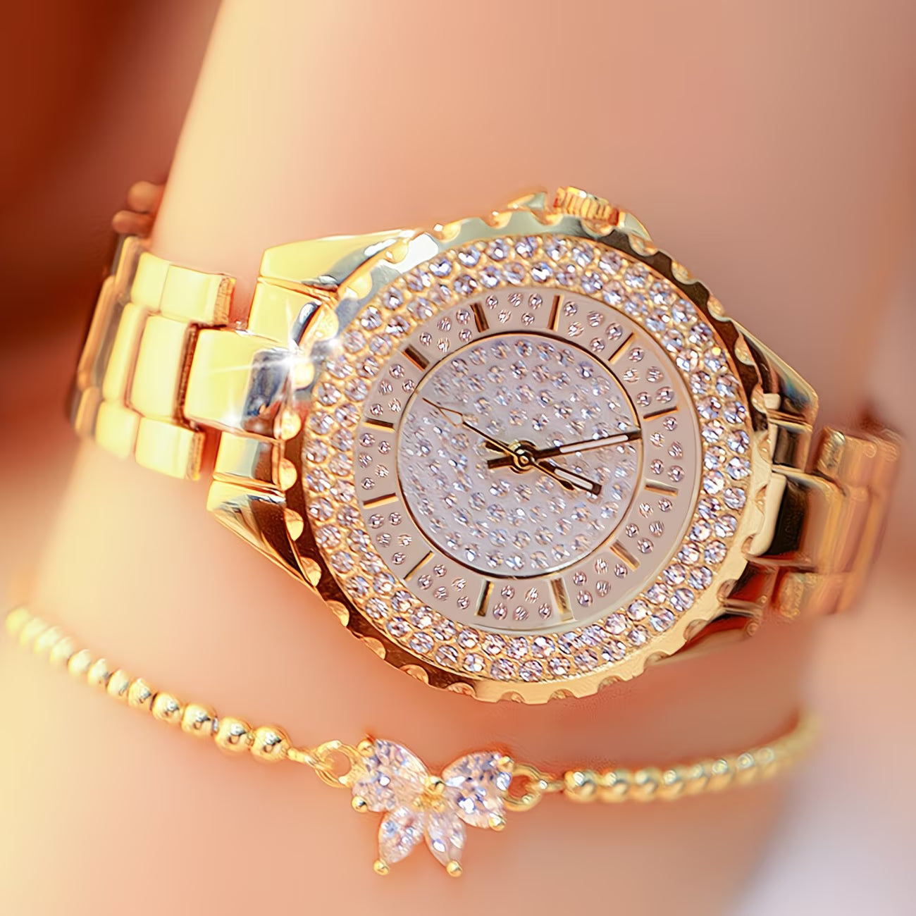 Sparkling Rhinestone Quartz  Elegant Bow Bracelet Duo Watch.