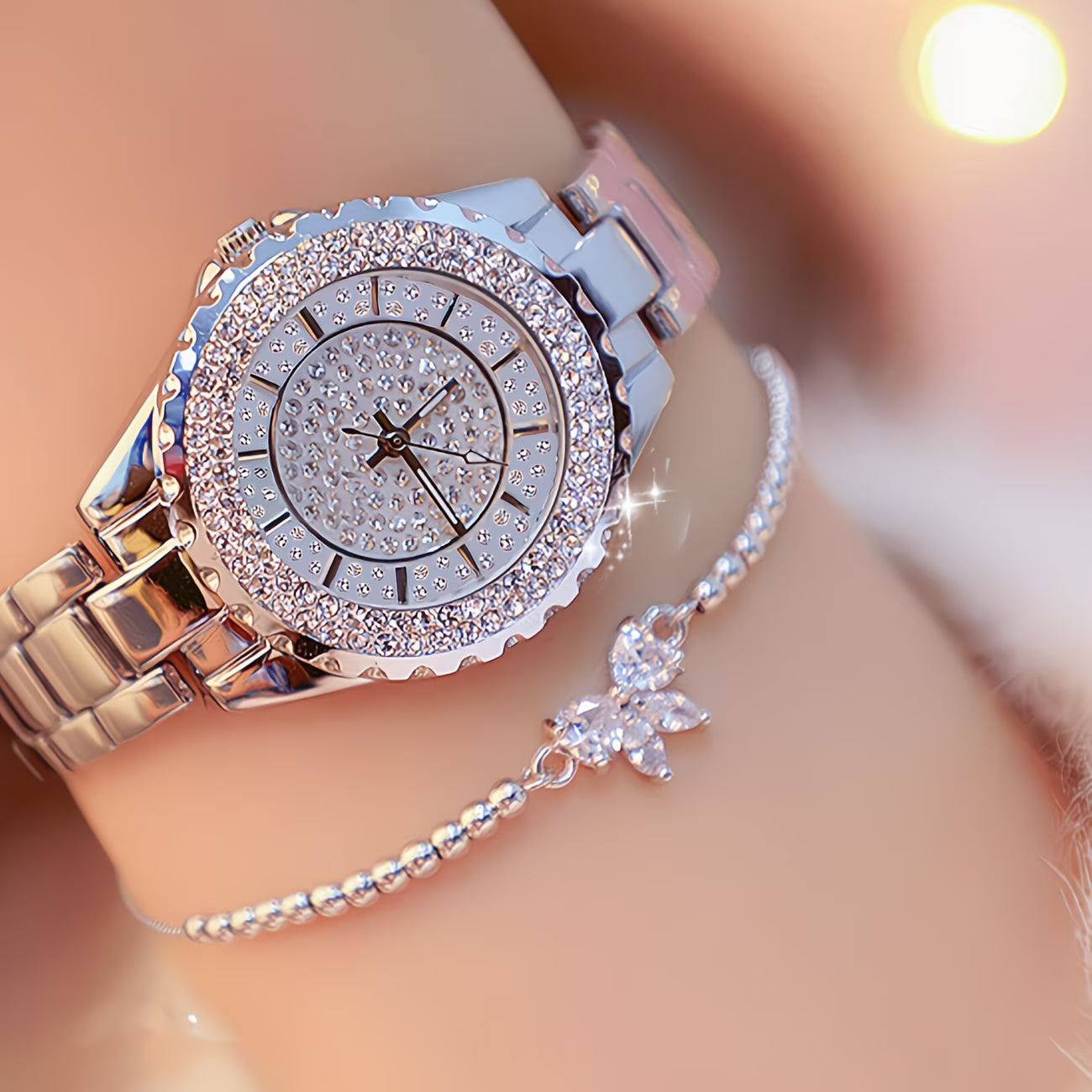 Sparkling Rhinestone Quartz  Elegant Bow Bracelet Duo Watch.