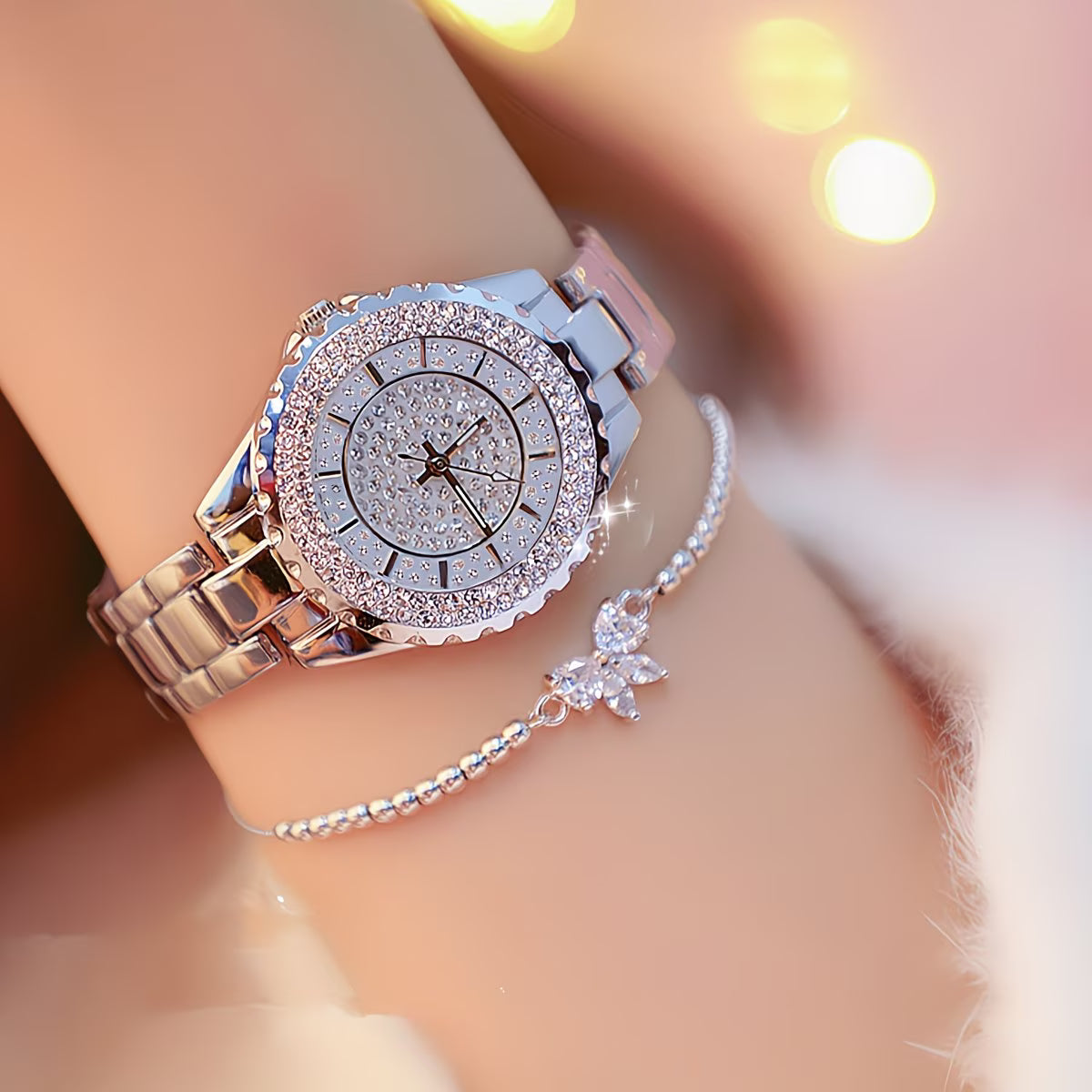 Sparkling Rhinestone Quartz  Elegant Bow Bracelet Duo Watch.
