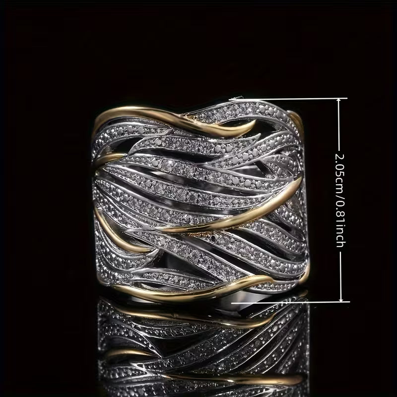 Sparkling Zirconia in a silvery Leaf Pattern Stylish Broad Rings.