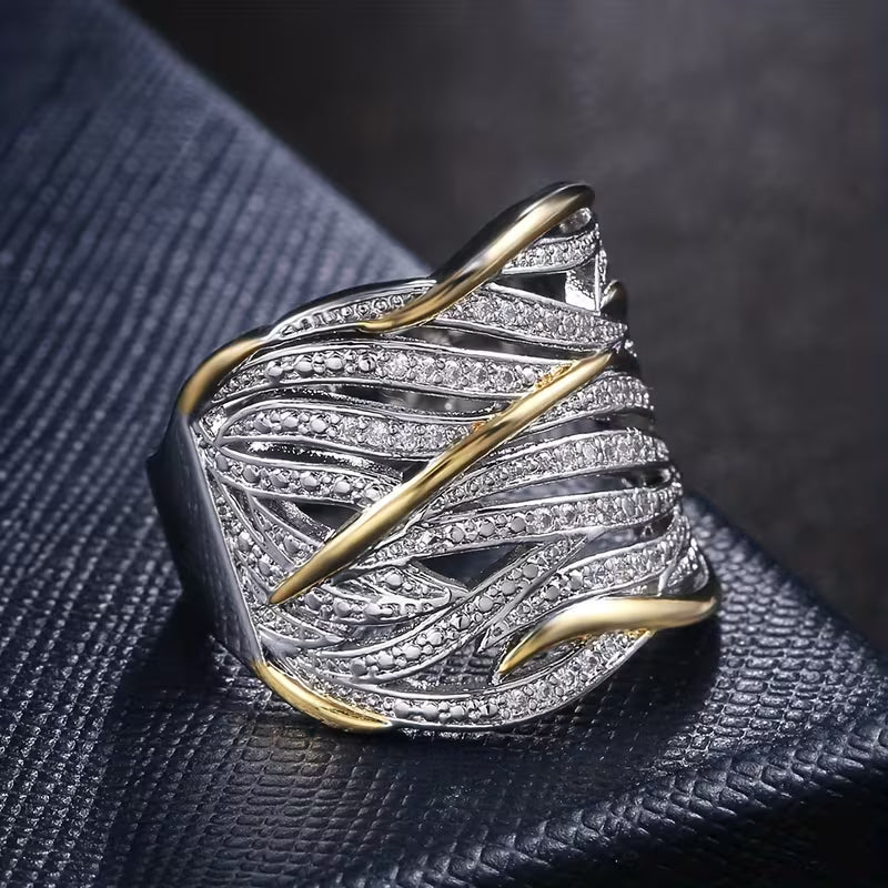 Sparkling Zirconia in a silvery Leaf Pattern Stylish Broad Rings.