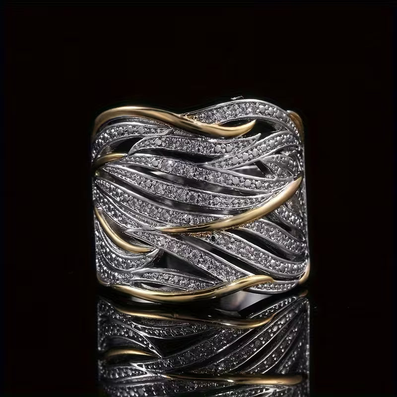 Sparkling Zirconia in a silvery Leaf Pattern Stylish Broad Rings.
