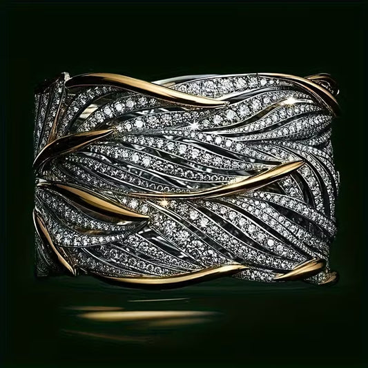 Sparkling Zirconia in a silvery Leaf Pattern Stylish Broad Rings.