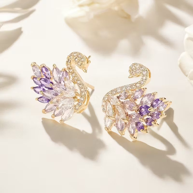 Sparkling Crystal Pair of Elegant Swan Dangle Earrings.