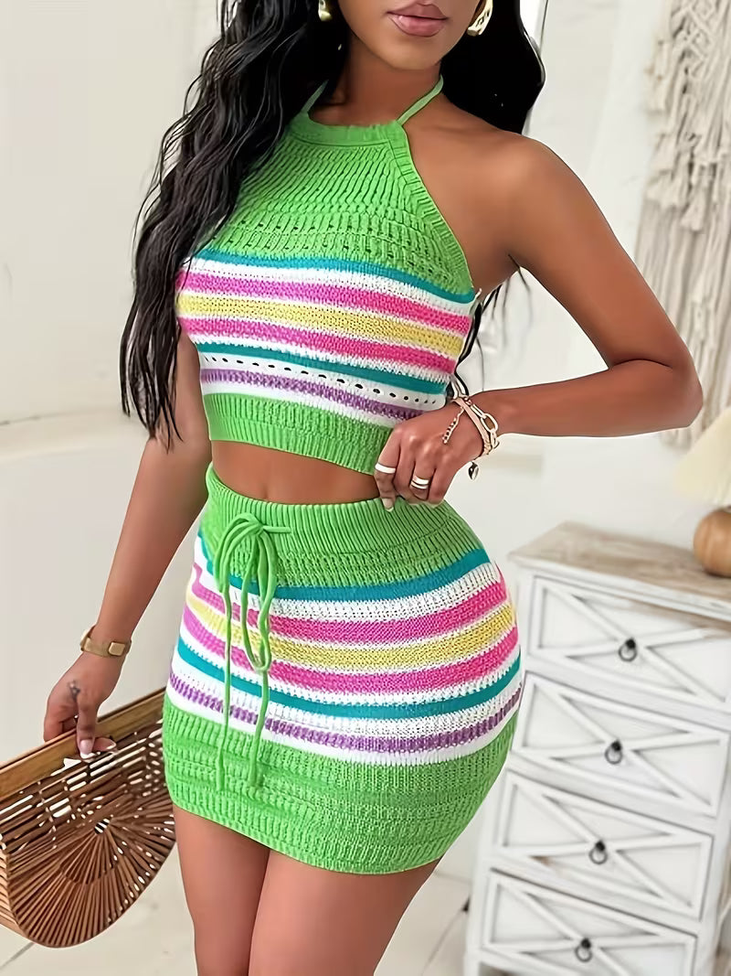 Striped Crochet Backless Top And Skirt Set.