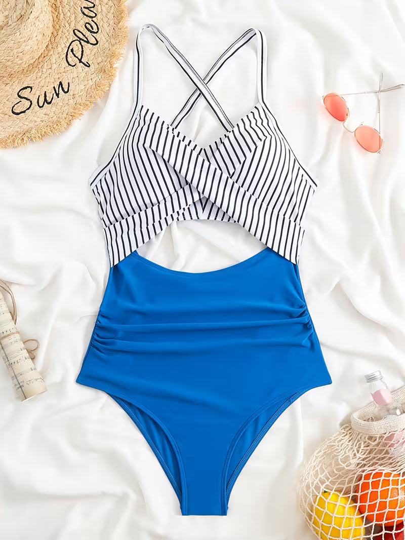 Striped Cut-Out One-Piece Swimsuit.