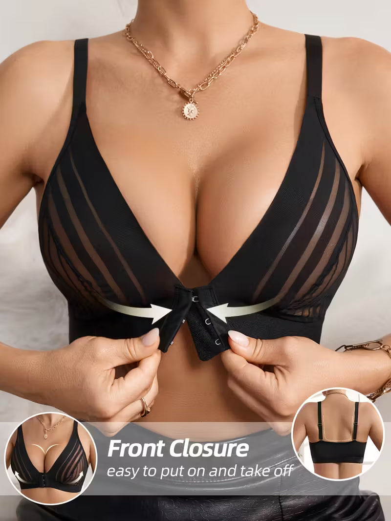 Striped Lace Thin-Cup Wireless Bras.