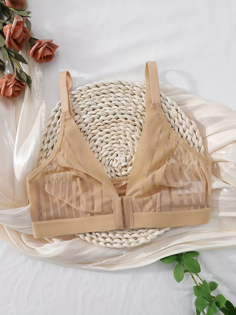 Striped Lace Wireless Push-Up  Mesh Bras.