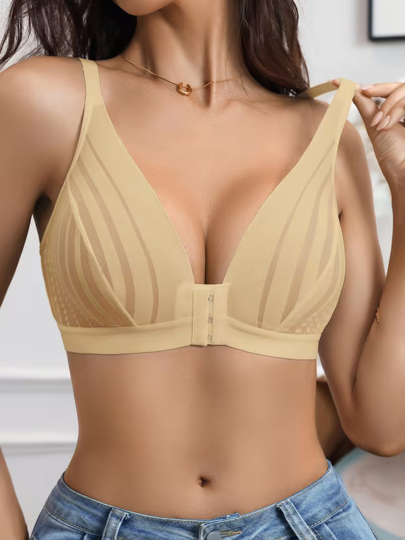 Striped Lace Wireless Push-Up  Mesh Bras.