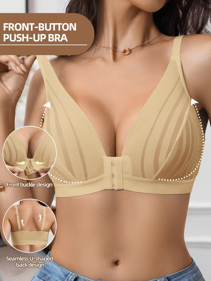Striped Lace Wireless Push-Up  Mesh Bras.