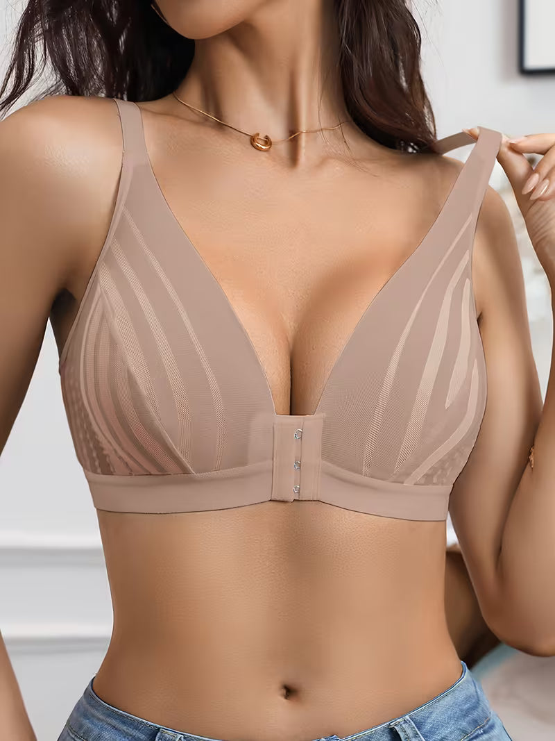 Striped Lace Wireless Push-Up  Mesh Bras.