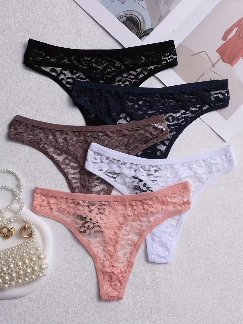 Transparent Floral Lace Thongs – Sexy Mid-Rise Set.