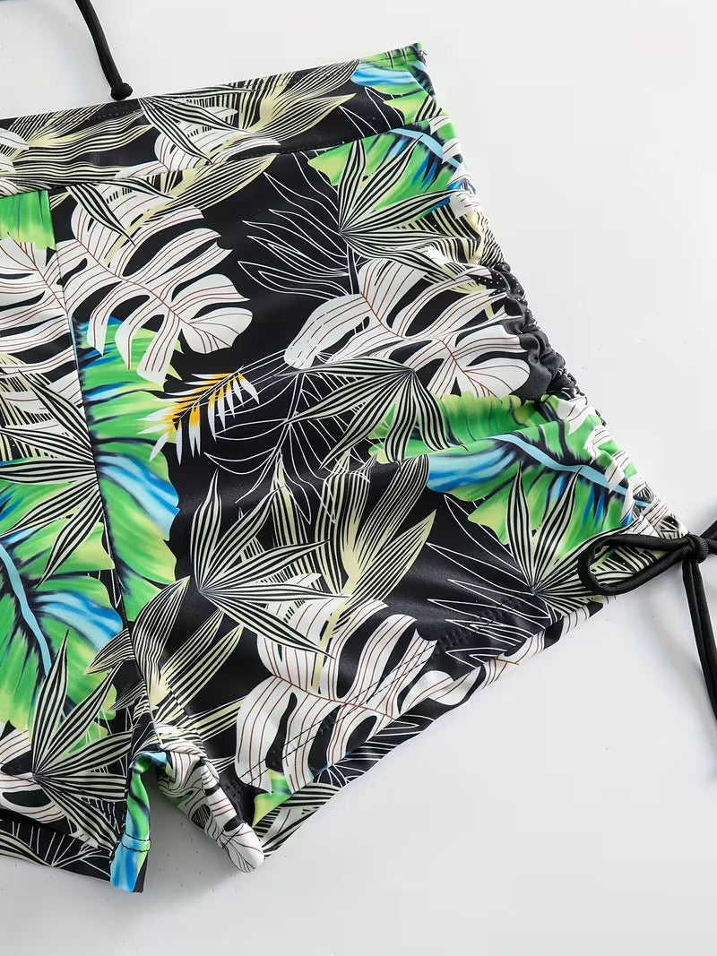 Tropical Leaf Print 2-Piece Swimsuit.