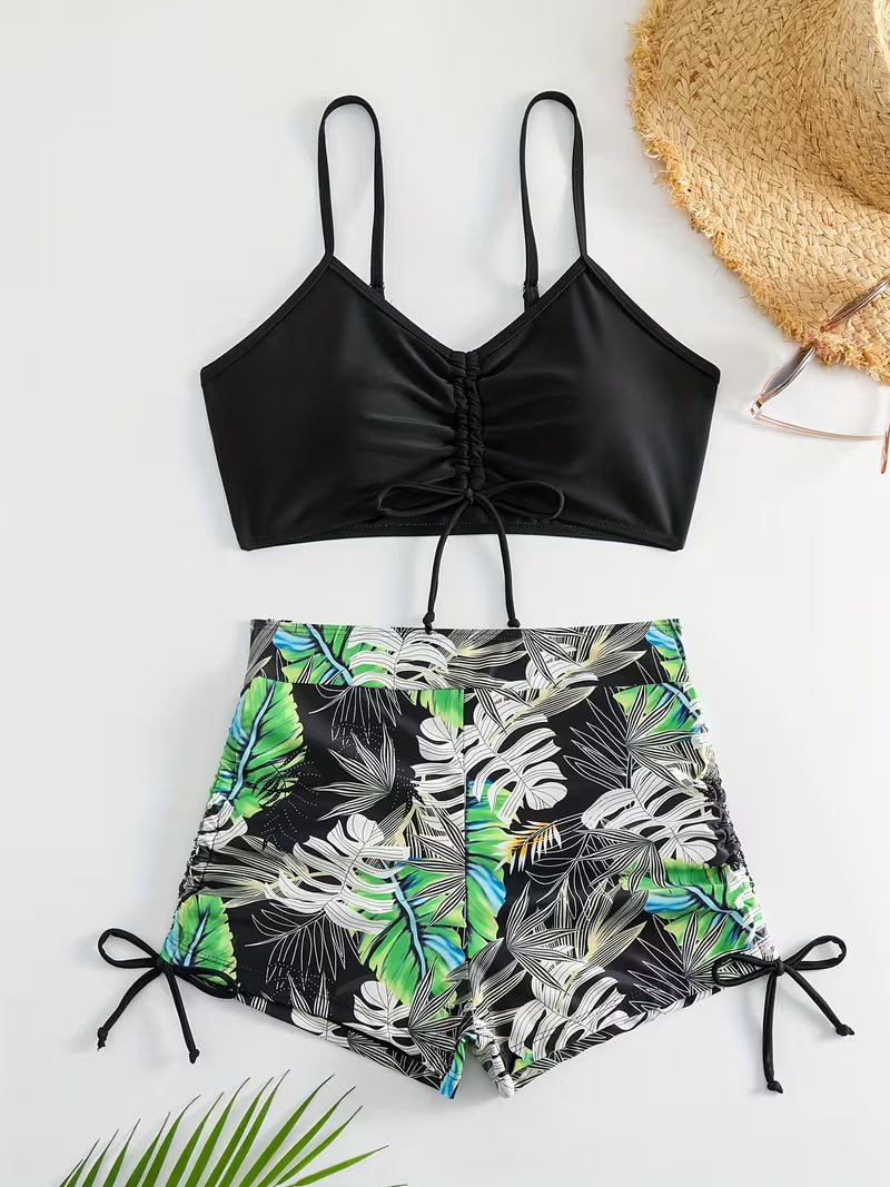 Tropical Leaf Print 2-Piece Swimsuit.