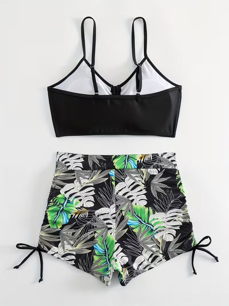 Tropical Leaf Print 2-Piece Swimsuit.