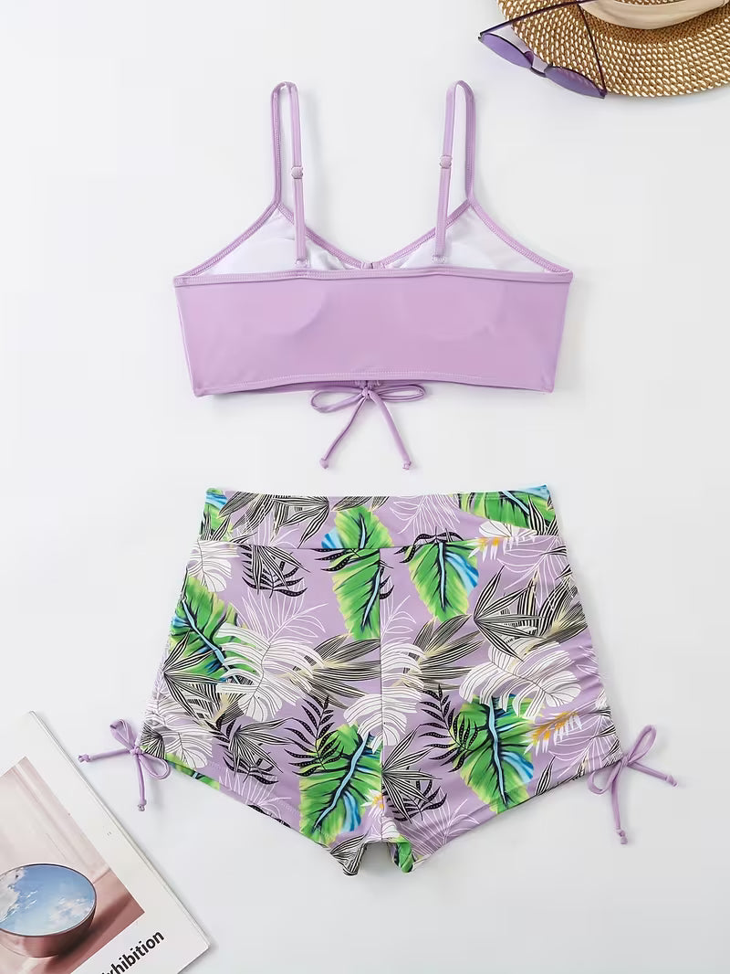 Tropical Leaf Print 2-Piece Swimsuit.