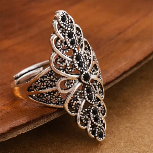 Unique Inlay Black Zirconia Adjustable Court Style Ring.