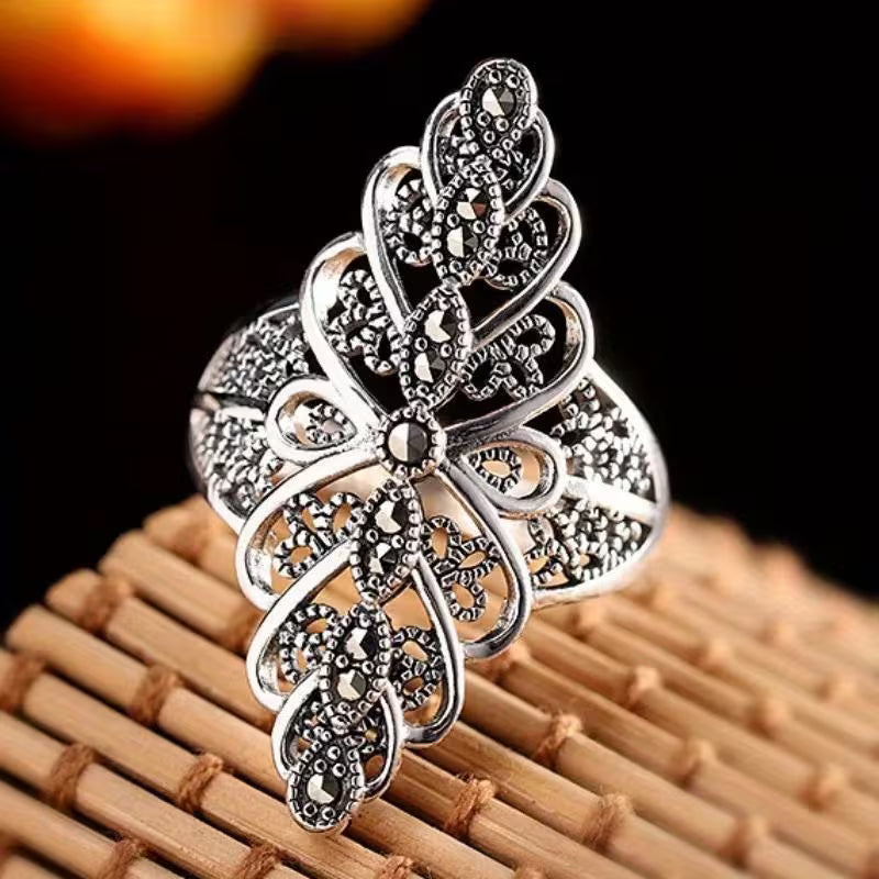 Unique Inlay Black Zirconia Adjustable Court Style Ring.
